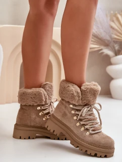 Dámské Šněrovací Boty S Kožíškem Tmavě Béžové model 21679550 - Boto