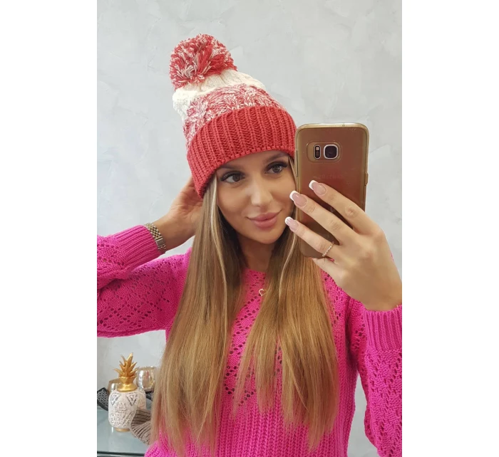 Dámska čiapka s brmbolcom Abigail K326 raspberry+ecru