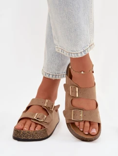 Dámské pantofle na korkové platformě se zlatými sponami tmavě béžové Tovessa