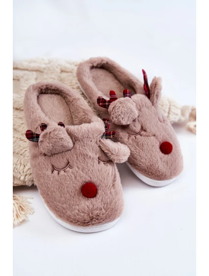 Damskie Świąteczne Futrzane Papcie Z Reniferem Beżowe Clarie