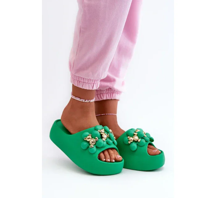 Dámske penové papuče s ozdobou na hrubej podrážke, zelené Bremavia