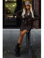 626-4 Mäkká bunda z ekokože s opaskom a asymetrickým zipsom - hnedá