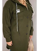 Dámske Plus veľkosť kabát s kapucňou s gombíkom uzavretie Khaki Dámske Plus veľkosť kabát s kapucňou s gombíkom uzavretie Khaki