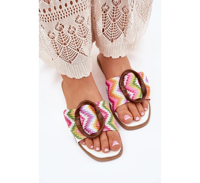 Klapki Damskie Płaskie Z Ozdobną Klamrą Białe Luwam Klapki Damskie Płaskie Z Ozdobną Klamrą Białe Luwam