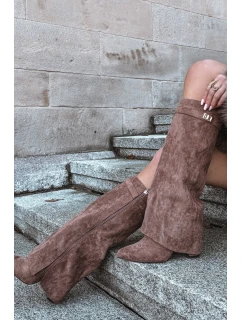 Kozačky Eko semišové podpatek sloupek na zip vyhřívané vytočená lýtka tmavě béžové Evyra