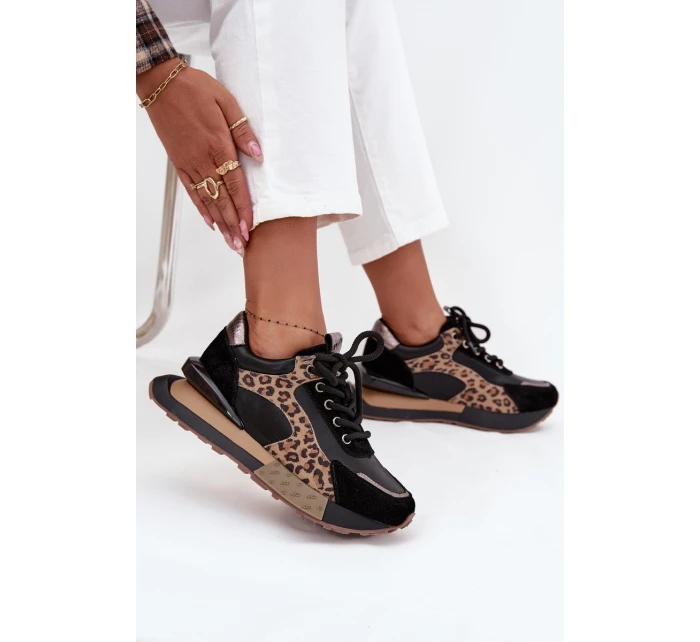 Dámske kožené tenisky na platforme s leopardím vzorom Artiker - čierne Dámske kožené tenisky na platforme s leopardím vzorom Artiker - čierne
