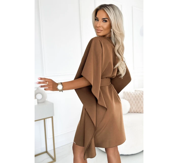 287-39 SOFIA Motýlie šaty so zaväzovaním v páse - cappuccino 287-39 SOFIA Motýlie šaty so zaväzovaním v páse - cappuccino