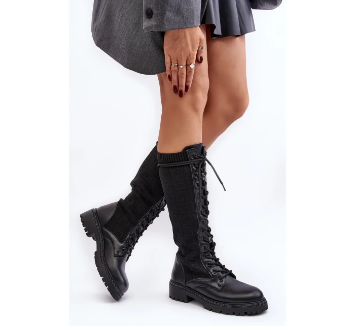 Dámské kozačky se šněrováním a elastickým svrškem černé model 21642236 - Boto