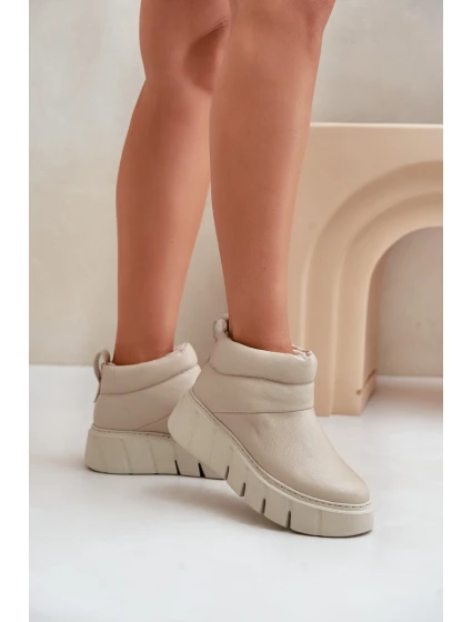 Zazoo 60470 Skórzane Botki Ocieplane Wełną Na Platformie Jasnobeżowe
