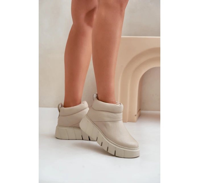 Zazoo 60470 Skórzane Botki Ocieplane Wełną Na Platformie Jasnobeżowe