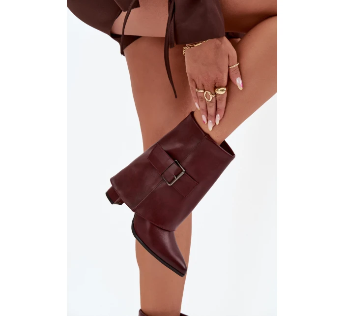 Ocieplane Botki Na Słupku Z Wywiniętą Cholewką I Klamrą Bordowe Ylenara