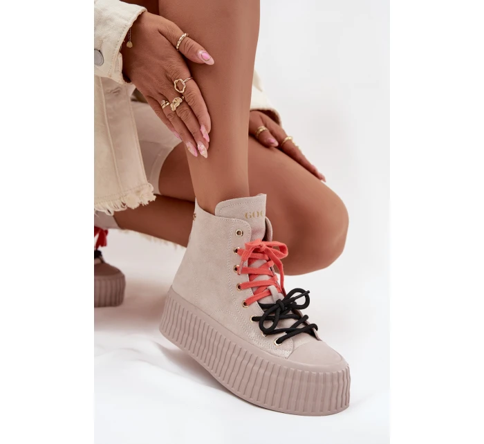 Zamszowe Ocieplane Trampki Damskie Na Masywnej Platformie GOE SS2N4047 Beżowe