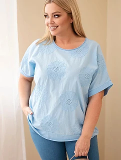 Dámske Plus veľkosť bavlnená blúzka s vyšívanými kvetmi modrá