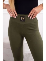 Pruhované legíny s vysokým pásom v khaki farbe
