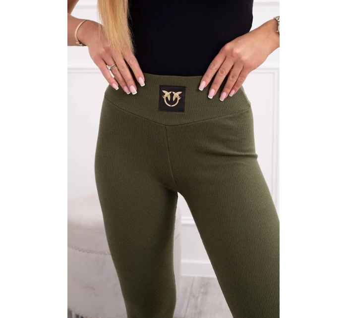 Pruhované legíny s vysokým pásom v khaki farbe