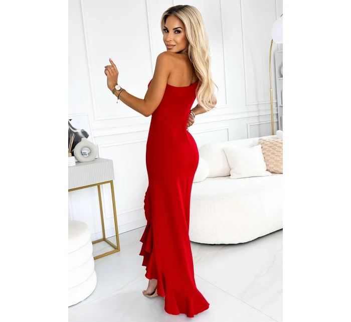 317-4 Dlhé šaty na jedno rameno s pruhmi - ČERVENÉ