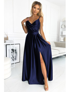 CHIARA - Elegantné tmavo modré dámske dlhé saténové maxi šaty na ramienkach 299-12