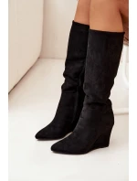 Ocieplane Kozaki Damskie Na Koturnie Czarne Rosina