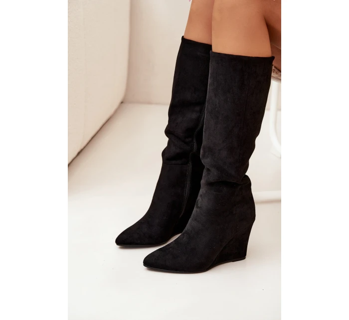 Ocieplane Kozaki Damskie Na Koturnie Czarne Rosina