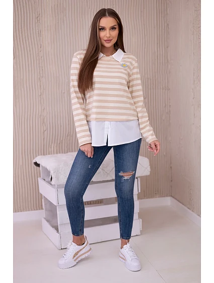 Pruhovaná bavlněná halenka s límečkem světle model 19449381 béžová - K-Fashion