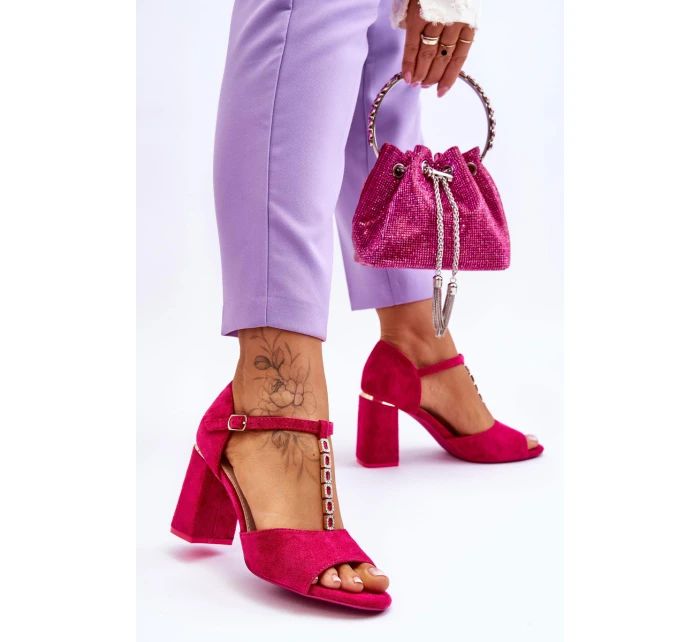 Zamszowe Sandały Na Obcasie Z Cyrkoniami Fuksja Aniya