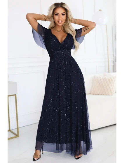 dlouhé lesklé šaty s výstřihem a krátkými rukávy tmavě modré model 21777396 - numoco basic