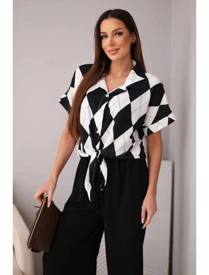 Dámska viskózna košeľa s kravatou a nohavice s gumou čierne