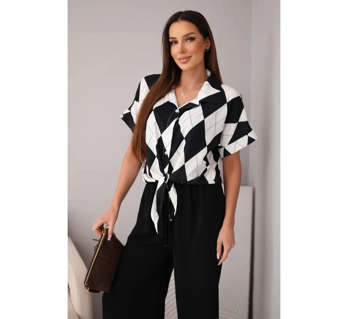 Dámska viskózna košeľa s kravatou a nohavice s gumou čierne