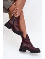 Skórzane Ocieplane Botki Damskie Z Klamrami I Ozdobnym Detalem Zazoo 60482 Bordowe
