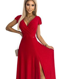 Dámske dlhé trblietavé šaty s výstrihom CRYSTAL - červené