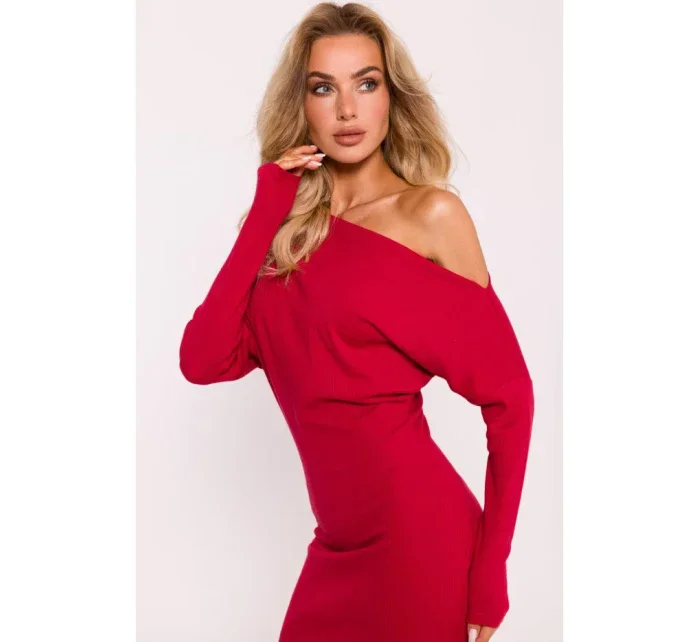 M818 Pletené šaty so spadnutými ramenami - červené M818 Pletené šaty so spadnutými ramenami - červené