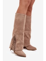 Dámske kovbojské čižmy Zalia s strapcami na podpätku - béžové Dámske kovbojské čižmy Zalia s strapcami na podpätku - béžové