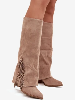 Dámske kovbojské čižmy Zalia s strapcami na podpätku - béžové