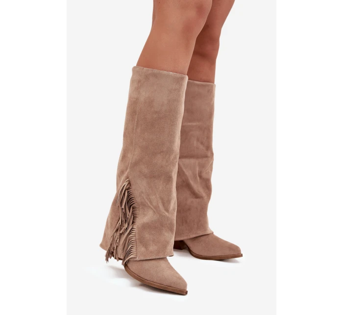 Dámske kovbojské čižmy Zalia s strapcami na podpätku - béžové Dámske kovbojské čižmy Zalia s strapcami na podpätku - béžové