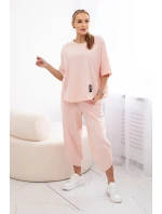 Súprava bavlnená blúzka + nohavice púdrovo ružová