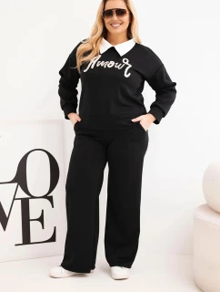 Dámská souprava model 21924580 Plus Size s širokými nohavicemi a límečkem černý - K-Fashion