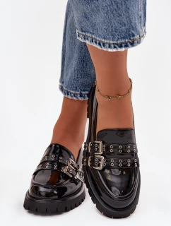 Kožené dámské mokasíny s pásky a přezkami Černé model 21744765 - Boto