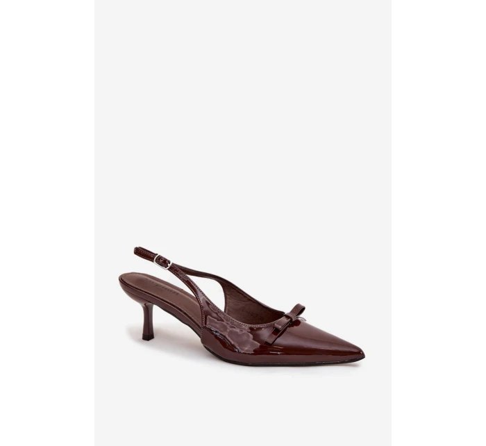 Dámske lakované lodičky na ihlovom podpätku s mašľou Olvena - čokoládové Dámske lakované lodičky na ihlovom podpätku s mašľou Olvena - čokoládové