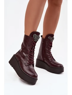 Skórzane Botki Damskie Z Ozdobą Ocieplane Bordowe Ulrika