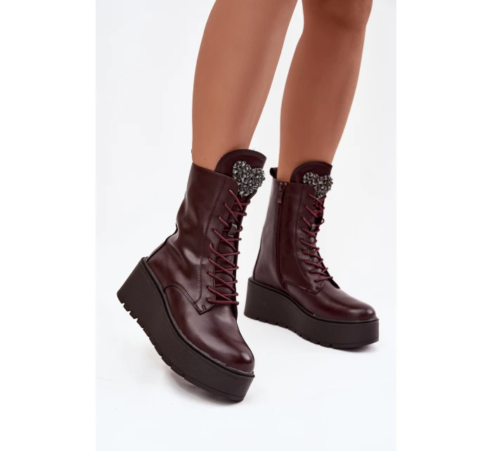 Skórzane Botki Damskie Z Ozdobą Ocieplane Bordowe Ulrika Skórzane Botki Damskie Z Ozdobą Ocieplane Bordowe Ulrika
