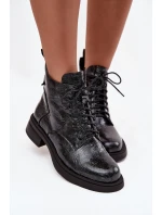 Lakované kožené dámské kotníkové boty na klínu model 21713911 tmavě modré - D&A