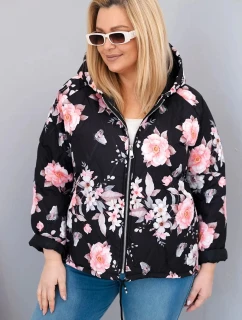 Dámske Plus veľkosť jarná prešívaná bunda s kapucňou a kvetinovým vzorom čierna