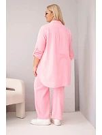 Dámska mušelínová súprava plus size s košeľou na gombíky a širokými nohavicami candy pink
