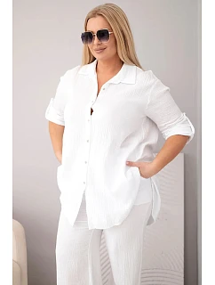 Dámský komplet Plus Size s košilí na knoflíky a kalhotami se širokými nohavicemi bílý model 22069915 - K-Fashion