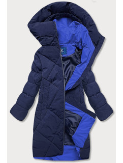 Tmavomodrá dlhšia dámska zimná bunda s vysokým stojačikom (J9-067)