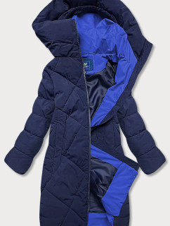 Tmavomodrá dlhšia dámska zimná bunda s vysokým stojačikom (J9-067)