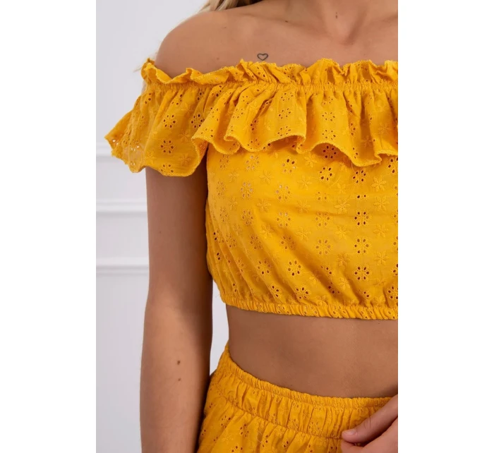 Vyšívaná súprava s horčicovou blúzkou s bodkami