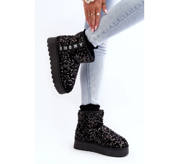 Śniegowce Damskie Na Platformie Zdobione Cekinami Czarne Silmo Śniegowce Damskie Na Platformie Zdobione Cekinami Czarne Silmo