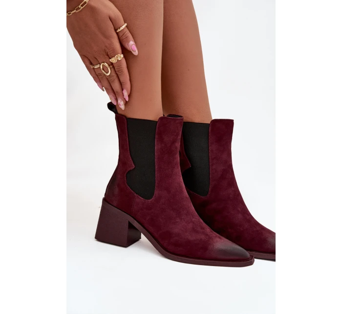 Kožené semišové dámské boty na podpatku vyhřívané model 21712879 bordó - Artiker