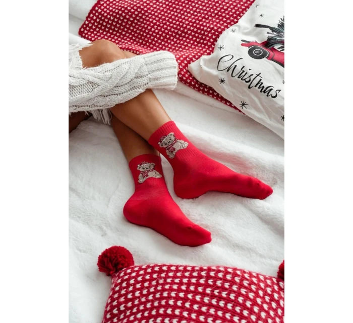 Dámské Vánoční Ponožky Medvídek v Čepici Santa Červené